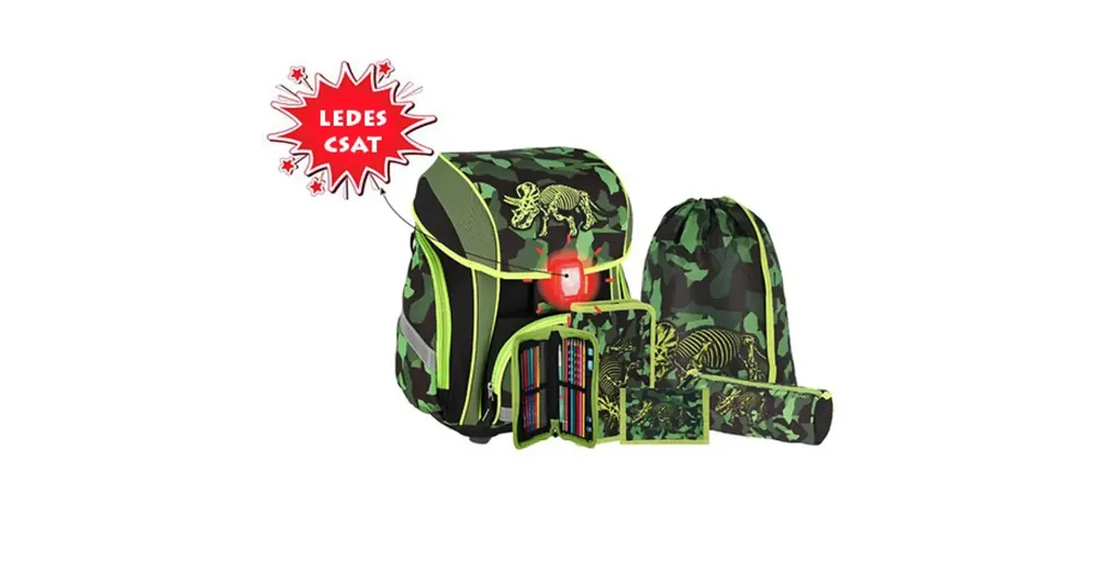 Olcsóbb Spirit Triceratops LED-es, 3D mintás iskolatáska, hátizsák 5 db-os szett