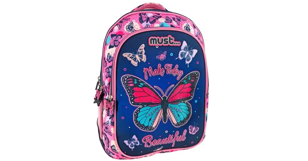 Must Pillangó mintás háromrekeszes iskolatáska, hátizsák 32×18×43 cm Prémium