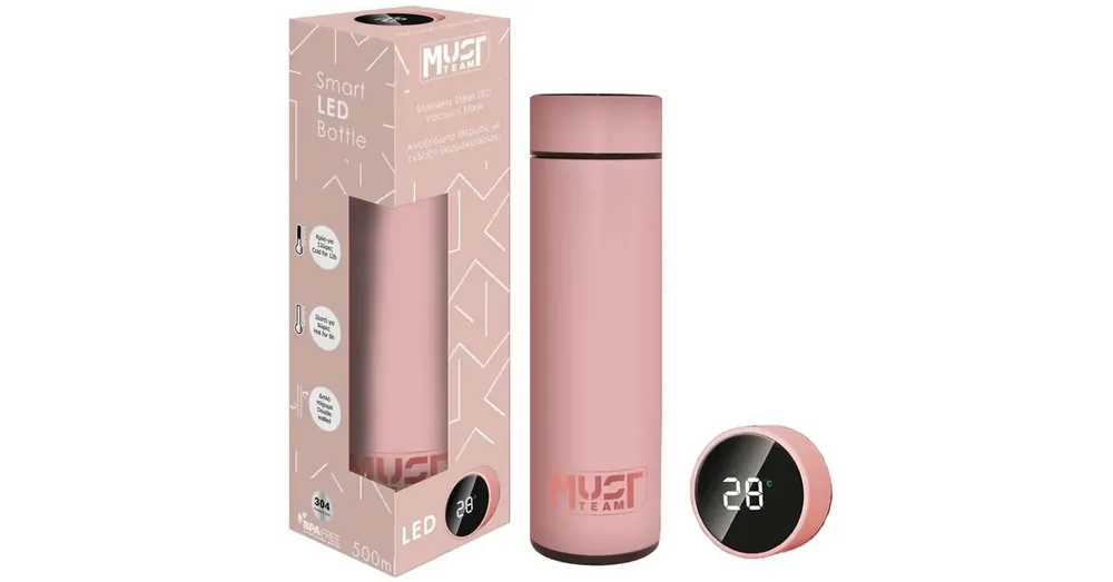 Must Smart Thermos rozsdamentes-acél kulacs LED hőmérséklet kijelzővel, gumi bevonattal pink színben 500ml Népszerű