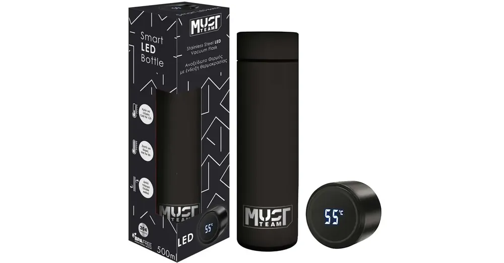 Must Smart Thermos rozsdamentes-acél kulacs LED hőmérséklet kijelzővel, gumi bevonattal fekete színben 500ml Biztonságos vásárlás