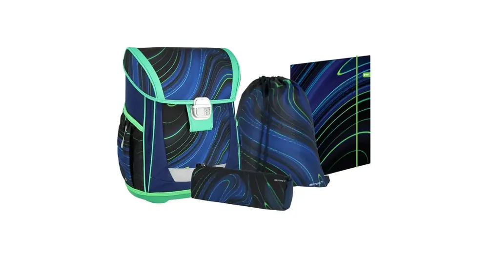Spirit Blue Stripes kék-zöld csíkok fekete alapon iskolatáska, hátizsák 4 db-os szett 41×20×32 cm Biztonságos vásárlás