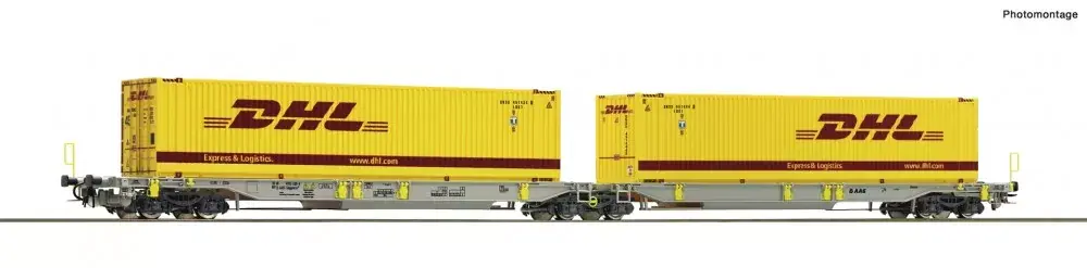 Roco 76421 Konténerszállító iker-zsebeskocsi, Sdggmrs25 - T2000, DHL / AAE (E6) (H0) Gyors szállítás